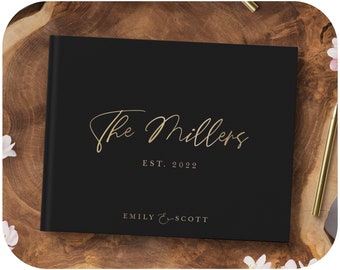 Wedding Guest Book • Personalized Wedding Guestbook with Calligraphy Names • Hardcover Horizontal Guest Book Album • Custom Black Photo Book