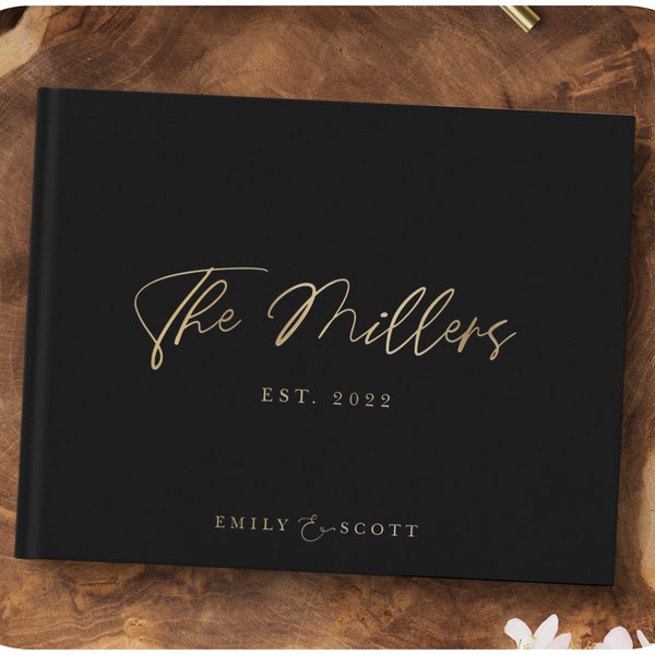 i com books name Wedding Guest Book, Personalized Gold Foil Horizontal Wedding Book with Calligraphy Names, Hardcover Guest Book Album, Photo Book #gb051
