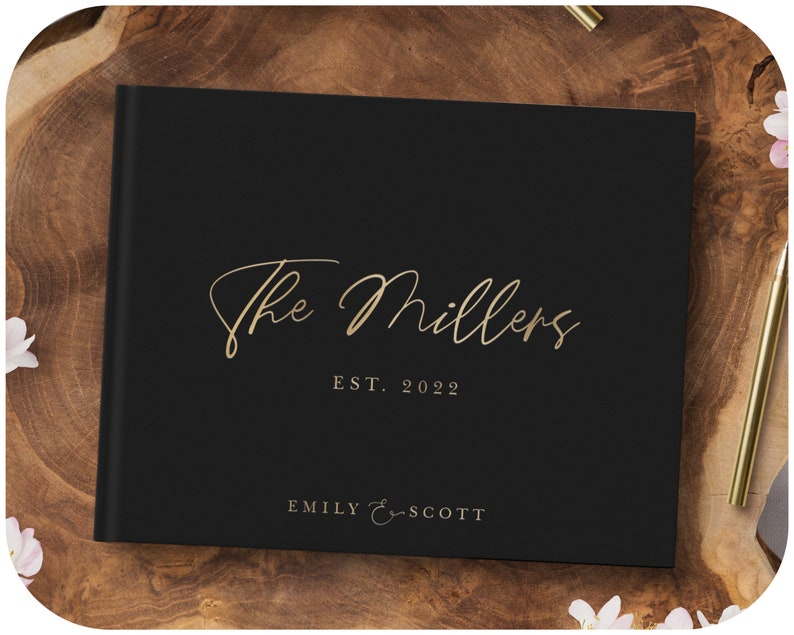 wedding guest book, black hardcover with gold foil