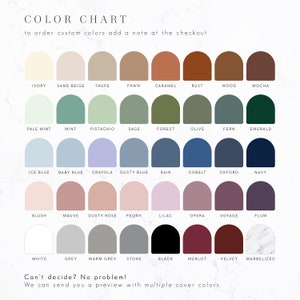 May include: Color chart with 24 different color swatches in the shape of arches. The colors are labeled with names like Ivory, Sand Beige, Taupe, Fawn, Caramel, Rust, Wood, Mocha, Pale Mint, Mint, Pistachio, Sage, Forest, Olive, Fern, Emerald, Ice Blue, Baby Blue, Crayola, Dusty Blue, Rain, Cobalt, Oxford, Navy, Blush, Mauve, Dusty Rose, Peony, Lilac, Opera, Voyage, Plum, White, Grey, Warm Grey, Stone, Black, Merlot, Velvet, and Marbelized.