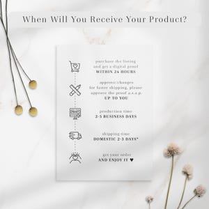 Clear timeline for personalized wedding planner orders: proof within 24 hours, approval process, 2-5 business days production, and 2-3 days domestic shipping. Perfect for custom guestbooks, wedding planners, or engagement gifts with quick delivery.