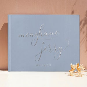 Dusty Blue Guestbook, Modern Wedding Guest Book, Calligraphy Silver Foil Hardcover Wedding Album, Personalized Photo booth book