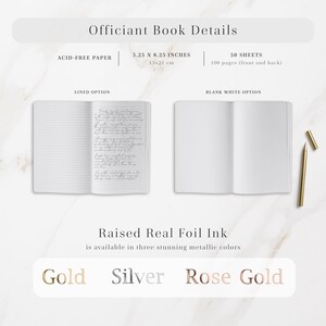 Personalized officiant book for wedding ceremonies, featuring premium acid-free paper with blank and lined page options. Ideal wedding gift or officiant proposal idea, this elegant custom notebook measures 5.25x8.25 inches with 50 sheets (100 pages). Choose raised real foil cover text in gold, silver, or rose gold for a timeless minimalist look. Perfect as a wedding officiant journal, ceremony book, or pastor gift for capturing vows, notes, and special moments.