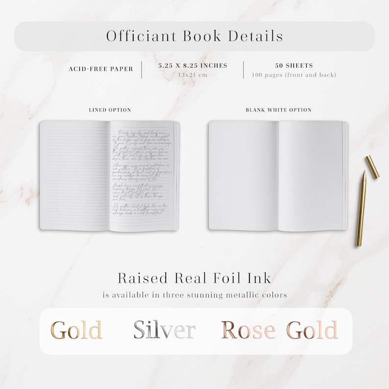 Personalized officiant book for wedding ceremonies, featuring premium acid-free paper with blank and lined page options. Ideal wedding gift or officiant proposal idea, this elegant custom notebook measures 5.25x8.25 inches with 50 sheets (100 pages). Choose raised real foil cover text in gold, silver, or rose gold for a timeless minimalist look. Perfect as a wedding officiant journal, ceremony book, or pastor gift for capturing vows, notes, and special moments.