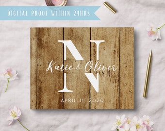 Rustic Wedding Guest Book Personalized - Wooden Horizontal Wedding Book with Monogram - Hardcover Album Rustic - Custom Guestbook #gb022