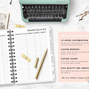 May include: A white and black spiral bound guest book with tabs for "Bridal Shower", "Bachelorette Party", "Honeymoon", and "Vendors". The book has a section for "Detailed Guest List" with columns for name, address, phone, and email. The book is on a white surface with a gold pen and gold glitter.