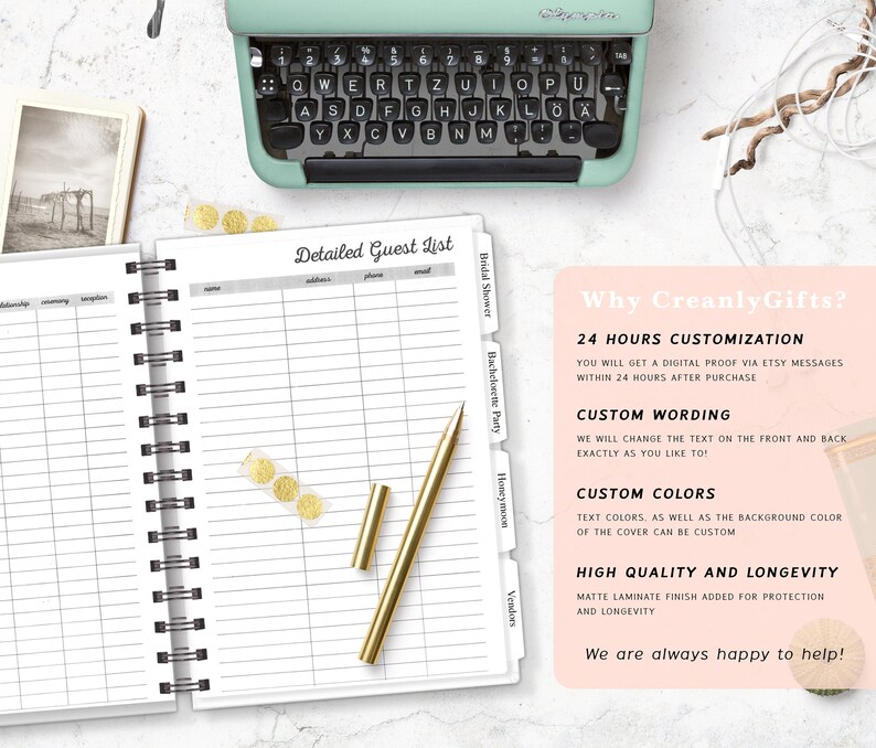 May include: A white and black spiral bound guest book with tabs for "Bridal Shower", "Bachelorette Party", "Honeymoon", and "Vendors". The book has a section for "Detailed Guest List" with columns for name, address, phone, and email. The book is on a white surface with a gold pen and gold glitter.