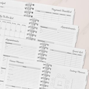 Wedding planner book with detailed pages for budget tracking, payment checklist, appointments, guest list, venue planning, and seating arrangements. A perfect tool for organizing a wedding. Ideal bridal shower or engagement gift.