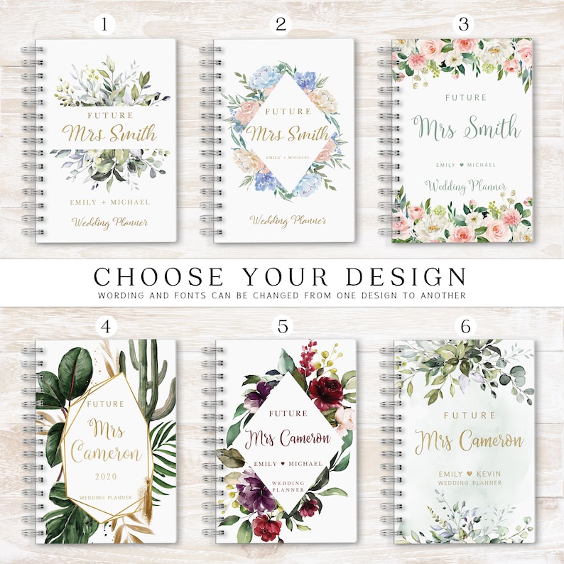 May include: Six different designs for a wedding planner notebook. The covers feature watercolor floral designs with gold accents. The text on the covers reads "Future Mrs. Smith" and "Future Mrs. Cameron".