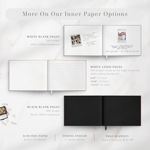 Personalized wedding guest book inner page options with white blank pages, white lined pages, or black blank pages, designed for elegant weddings, receptions, and anniversary celebrations. Made with acid free paper, strong enough to mount photos, and available in 50 to 100 pages, this custom wedding gift doubles as a wedding album and memory keepsake. Perfect for minimalist, boho, traditional, or elegant wedding themes, offering guests space to sign and share wishes.