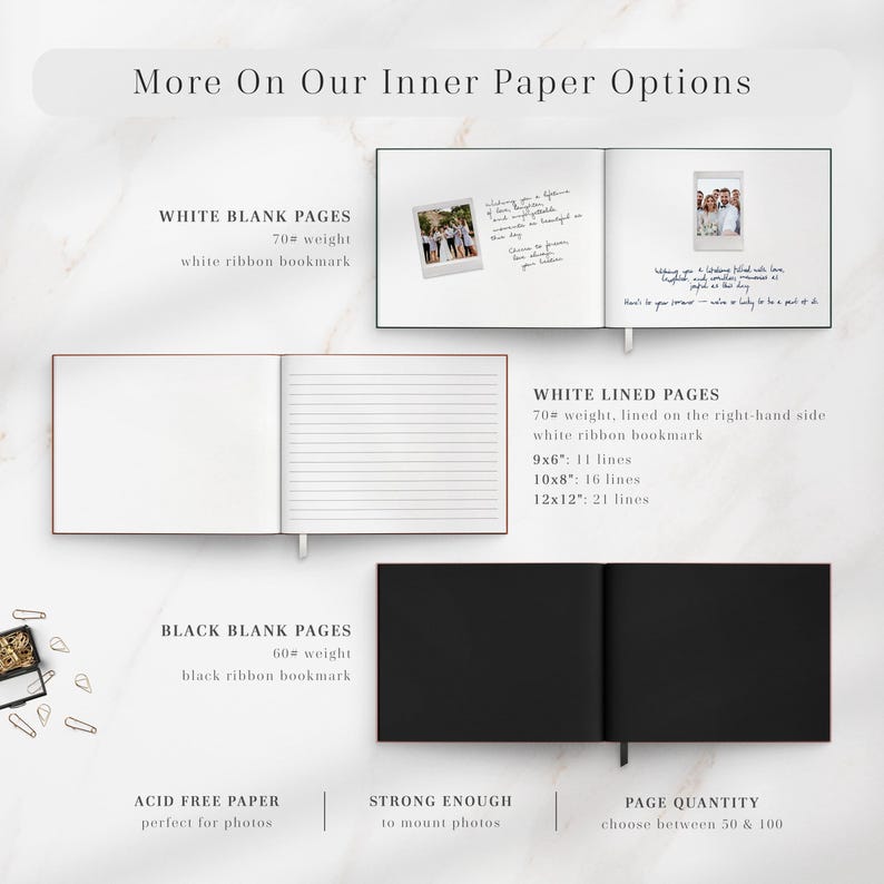 Personalized wedding guest book inner page options with white blank pages, white lined pages, or black blank pages, designed for elegant weddings, receptions, and anniversary celebrations. Made with acid free paper, strong enough to mount photos, and available in 50 to 100 pages, this custom wedding gift doubles as a wedding album and memory keepsake. Perfect for minimalist, boho, traditional, or elegant wedding themes, offering guests space to sign and share wishes.