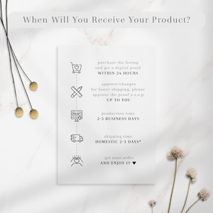 Custom wedding guest book order process and delivery timeline, showing how custom wedding gifts are created and shipped. Customers receive a digital proof within 24 hours, approve design changes, and production takes 2–5 business days. Domestic shipping arrives in 2–3 days, making this wedding album a fast and reliable keepsake option. Perfect for couples planning a classic, minimalist, boho, or elegant wedding celebration with personalized details.