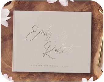 Elegant bruiloftsgastenboek, gepersonaliseerd goudfolie trouwboek met kalligrafienamen, minimalistisch hardcover gastenboekalbum, fotoboek
