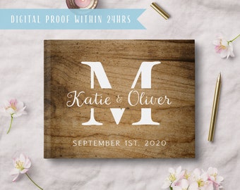 Rustic Wedding Guest Book Personalized - Wooden Horizontal Wedding Book with Monogram - Hardcover Album Rustic - Custom Guestbook #gb021