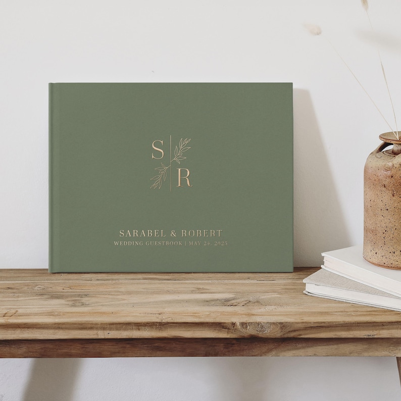 Minimalist Wedding Guest book, Green Personalized GuestBook, Hardcover Photo Album, Modern Gold Foil wedding guestbook, Elegant Olive album