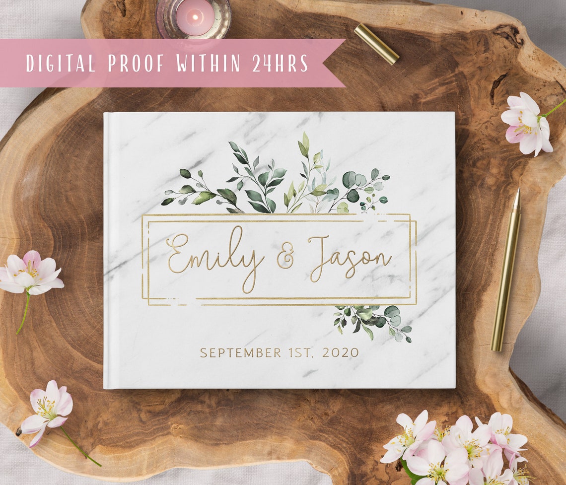 Greenery Wedding Guest Book Real Gold Foil Horizontal Wedding image 1