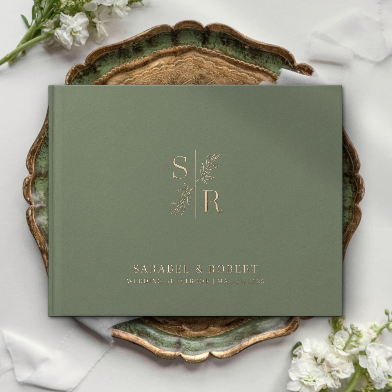Minimalist Wedding Guest book, Green Personalized GuestBook, Hardcover Photo Album, Modern Gold Foil wedding guestbook, Elegant Olive album - 10x8" / 100 white, Gold Foil