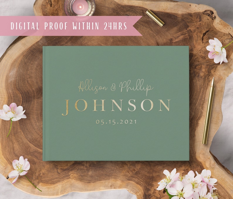 Wedding Guest Book Sage and Gold Foil Wedding Book Personalized Wedding Signature Book Photo Booth Book Formal Book gb041 image 2