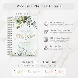 Floral greenery wedding planner book with gold, silver, or rose gold foil. Includes budget tracker, checklists, and to-do lists. Perfect for stress-free planning. A personalized engagement gift or bridal shower present for a bride-to-be.