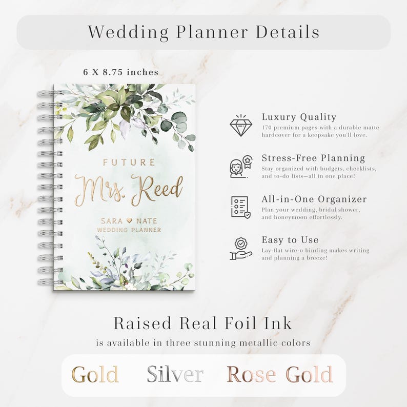 Floral greenery wedding planner book with gold, silver, or rose gold foil. Includes budget tracker, checklists, and to-do lists. Perfect for stress-free planning. A personalized engagement gift or bridal shower present for a bride-to-be.
