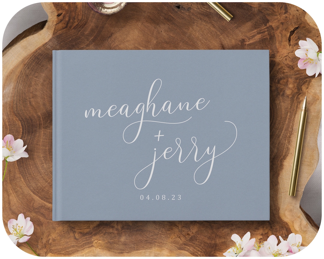 Dusty Blue Guestbook, Modern Wedding Guest Book, Calligraphy Silver