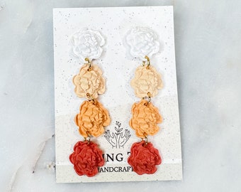 Flower Dangle Earrings, Ombre Fall Flower Earrings, Handmade Clay Earrings, Lightweight, Flower Drop Earrings, Gift for her