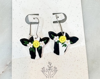 Lemon Boho Floral Dairy Cow Earrings, Handmade Clay Earrings, Rodeo Earrings, Cute Cows, Handmade Gift