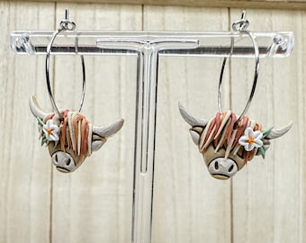 Boho Highland Cow Handmade Clay Earrings, Rodeo Jewelry, Barnyard Imagery, Floral Cow Earrings, Cow Lover Gift, Gift for her