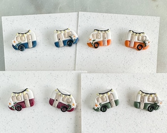 Cute Camper Stud Earrings, Handmade Clay Earrings, Lights and Floral Detail, Hand Painted, Camping Gift