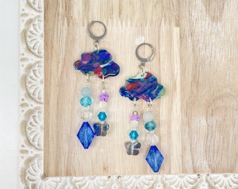 Cloud Dangle Earrings Beaded, Galaxy Blue Clay Huggie Earrings, Trendy Statement Earrings