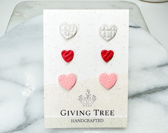 Heart Stud Pack of 3, Handmade Clay Earrings, Gift for her, Gift for Wife, Valentine's Day Gift