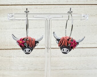 Highland Cow Handmade Clay Earrings, Rodeo Jewelry, Barnyard Imagery, Floral Cow Earrings