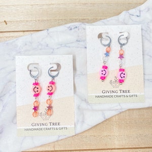 Smiley Face Earrings, Pink Beaded Dangles, Trendy Statement Earrings, 90s Throwback, Huggie Style