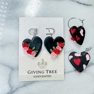 Rose Earrings Black Heart Valentine&#39;s Day, Handmade Clay Earrings, Gift for her, Gift for Wife