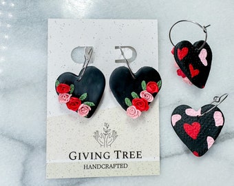 Rose Earrings Black Heart Valentine's Day, Handmade Clay Earrings, Gift for her, Gift for Wife