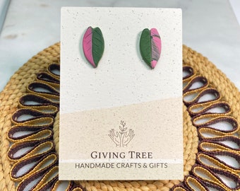 Philodendron Pink Princess Earrings, Rare Plant Stud Earrings, Plant Lover Gift, Rare Plant Gift