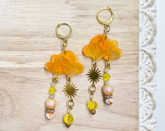 Cloud Beaded Dangle Earrings, Orange Yellow Sunburst Marble Clay, Huggie Earrings, Trendy Statement Earrings, Celestr
