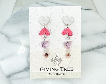 Heart Dangle Beaded Earrings, Valentines Day, Handmade Clay Earrings, Gift for her, Gift for Wife