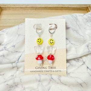 Mushroom Smiley Face Earrings, Beaded Dangles, Trendy Statement Earrings, 90s Throwback, Huggie Style