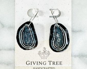 Polymer Clay Black Onyx Agate Inspired Earrings, Geode Agates, Rockhound Gift, Rock Lover Gift