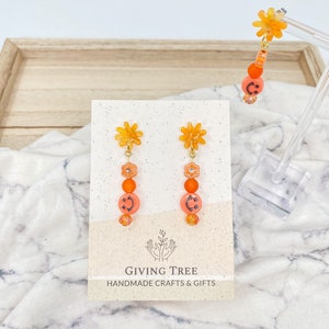 Orange Sunburst Smiley Face Earrings, Clay Stud Beaded Dangles, Trendy Statement Earrings