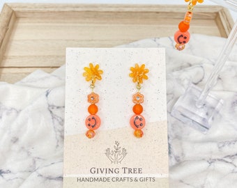 Orange Sunburst Smiley Face Earrings, Clay Stud Beaded Dangles, Trendy Statement Earrings
