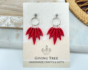Red Clay Dangle Earrings, Spike Circles, Handmade Earrings, Red Silver, Stainless Steel Posts