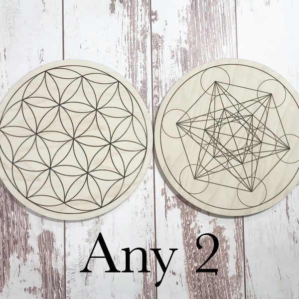 Crystal Grid Boards / Any 2 / Sacred Geometry / Wooden Crystal Grid / Metatron's Cube Crystal Grid / Flower of Life Crystal / Seed of Life