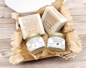 Whipped Tallow and Soap Gift Set - Unscented and Vanilla - Whipped Grass Fed Beef Tallow - Oatmeal Goat&#39;s Milk Honey - Customizable