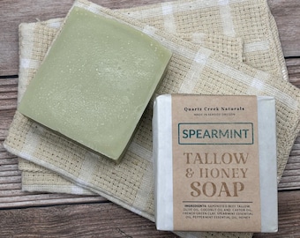Spearmint Tallow & Honey Soap / Grass Fed Beef Tallow Soap Bars Body Face Hands Everyday Artisan Handmade Soap