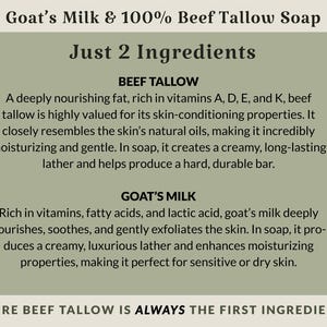 May include: A rectangular informational graphic with a sage green background and black text. The title reads Goat's Milk & 100% Beef Tallow Soap. It lists Just 2 Ingredients, Beef Tallow and Goat's Milk, with descriptive text for each, ending with Pure Beef Tallow is Always the First Ingredient.