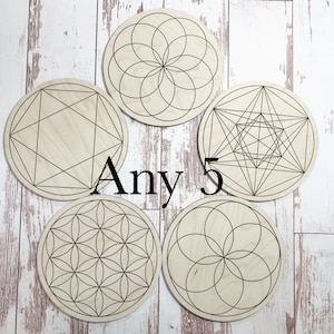 Crystal Grids Any 5 / Sacred Geometry / Wooden Crystal Grid / Metatron's Cube Crystal Grid / Flower of Life Crystal Grid / Seed of Life Grid