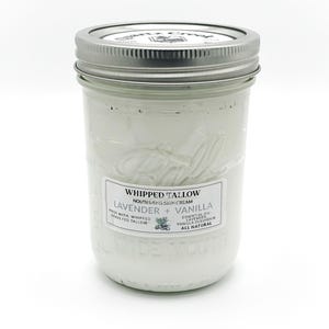 LAVENDER + VANILLA Whipped Tallow Skin Cream Grass-Fed Tallow Face Moisturizer All Natural Non-Toxic Lotion Body Butter 2oz 4oz 8oz 16oz 16 oz mason reusable