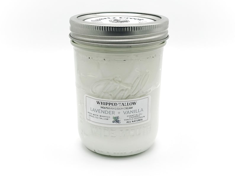 LAVENDER + VANILLA Whipped Tallow Skin Cream Grass-Fed Tallow Face Moisturizer All Natural Non-Toxic Lotion Body Butter 2oz 4oz 8oz 16oz 16 oz mason reusable